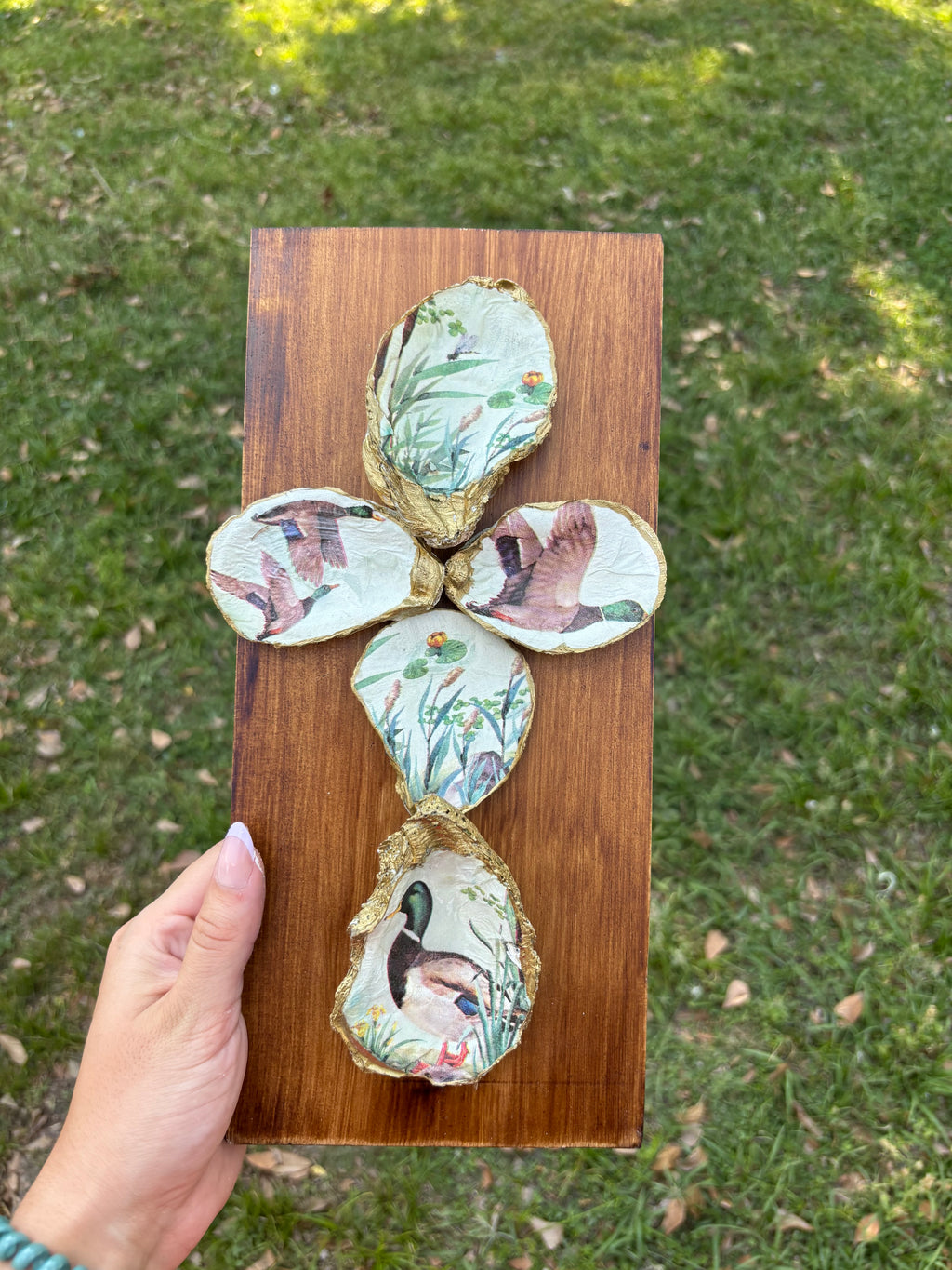 Handmade Duck Oyster Shell Cross Decor | Coastal Rustic Wood Art