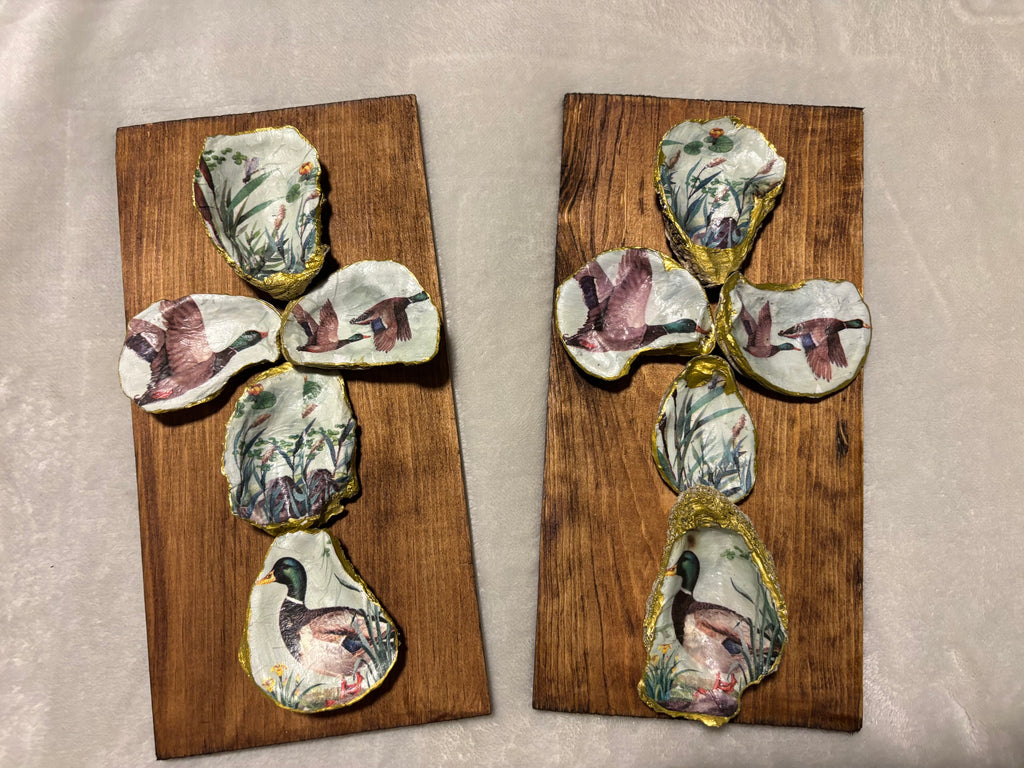 Handmade Duck Oyster Shell Cross Decor | Coastal Rustic Wood Art